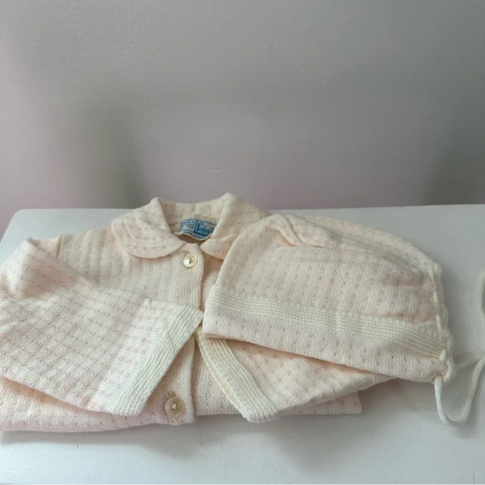 Vintage Foley’s Baby Sweater Set Pink White Knit Cardigan Bonnet Size 6M
